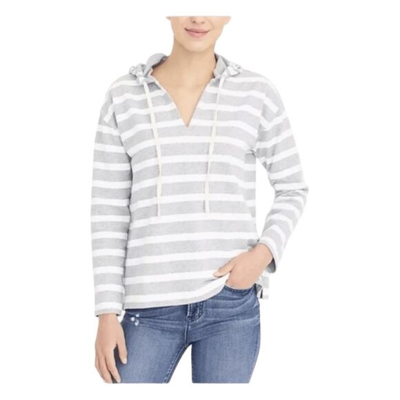 J. Crew Striped Beach Hoodie Sweatshirt Gray White French Terry Long Sleeve M - Picture 2 of 9